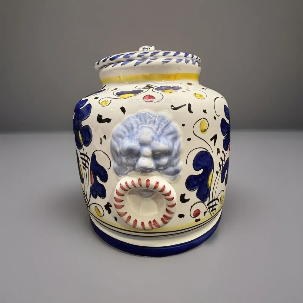 Deruta Italy Hand Painted Biscotti Large Oval Cookie Jar Canister Rooster VTG